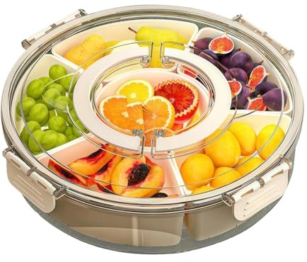 AXVRAV Snack Box with Compartments - Round, 360° Rotating Snack Plate with Lid and Handle, 12 Inch Large Snack Storage Box for Sweets, Nuts, Fruit and More - Ideal for Party, Picnic and On the Go