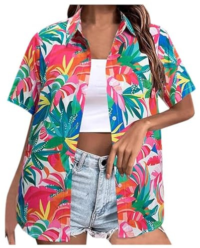 Camisa Hawaiana Mujer Camisas de Verano Casual Tallas Grandes Manga Corta con Botones Camisas con Estampado Tropical Blusa Camisa Festival de Playa Vacaciones