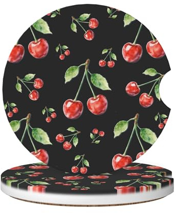 2 Pack Car Coasters for Cup Holders Absorbent Auto Coffee Bottle Mat Drink Holder 2.56 Coasters with Finger Notch for Women Men (Cherry Black)