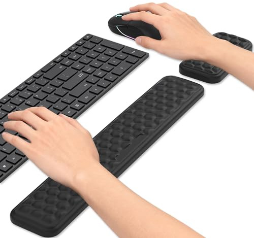 AUROAY Set de 2 Reposamuñecas Ergonómicos para Teclado y Ratón - Espuma con Memoria y Cubierta PU Suave, Base Antideslizante - Alivia el Dolor para Gaming y Oficina - Negro