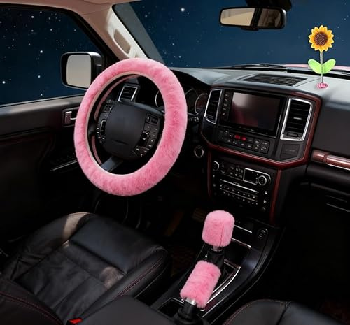 LOLANIUT Lot de 3 housses de volant d'hiver en peluche chaude, universelles pour 35–39 cm, housse de volant de voiture avec couverture de frein à main et de levier de vitesse, antidérapante, lavable