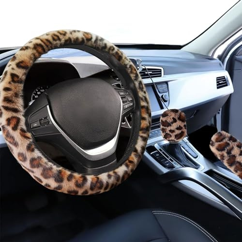 Muorruo 3-piece fluffy car steering wheel cover, universal fit, fur car wheel cover & handbrake cover & gear shift cover set, leopard print, warm, fluffy