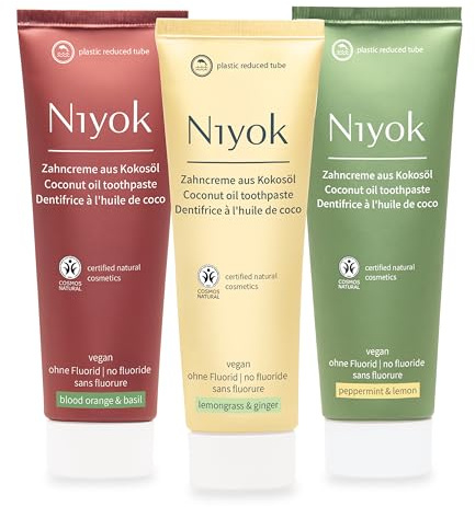 Niyok Zahncreme 3er Set Bio-Kokosöl, fluoridfrei, je 75 ml | 3 Sorten: Pfefferminze-Zitrone, Zitronengras-Ingwer & Blutorange-Basilikum mit Bio-Kokosöl und Xylit