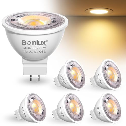 Bonlux Bombillas LED GU5.3 12V, MR16 LED Empotrables Techo Luz Ámbar 2200K Ojos de Buey LED 5W Equivalentes a 50W 60W, Bombilla Techo Ángulo de Haz de 38 ° No Regulable 6 Unidades