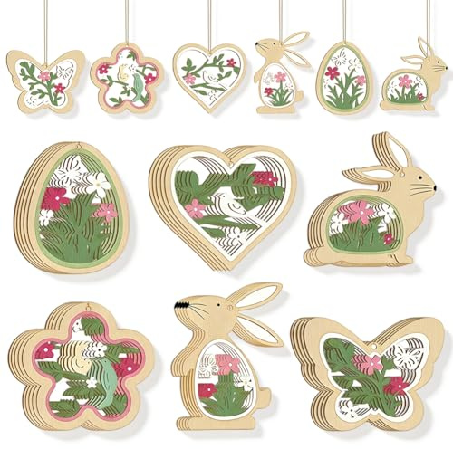 Decorazioni Pasqua in Legno 36 Pezzi, Decorazioni Primaverili con Conigli, Uova, Farfalle e Fiori, Verdi Stampate Unilateralmente per Albero, Parete e Tavolo