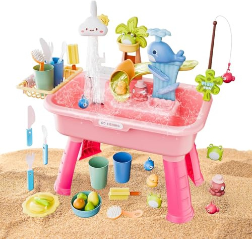Giwuence Wassertisch Für Kinder - 4-in-1 Aktivitätstisch Mit Fließendem Wasser | Sicheres Kunststoffmaterial, Einfache Montage, Sommer Draußen Spiel Für Ab 4-8 Jahren, Geburtstagsgeschenk