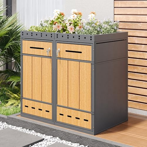 ECLIVON Armario para Cubo de Basura para Exteriores, Muebles de Jardín para Jardín, Sistemas de Clasificación de Basura con Cerradura y Cuerda, con Persianas de Ventilación, Sin Cubos de Basura (1)