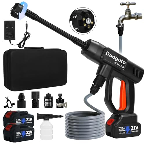 Duoguto Cordless Pressure Washer Battery Powered; 100bar Cordless Power Washer with 2×4.0Ah Battery,6-in-1 Nozzle Handheld Portable Battery Jet Washer Cordless (Black)