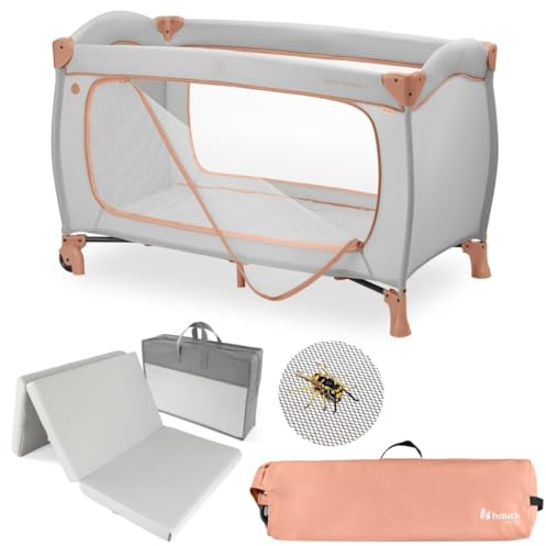 hauck Sleep N Play Go Plus Baby Reisebett Set - Dusty Cork | inkl. Matratze & Insektenschutz | faltbares Kinder Reisebett mit Rollen, Seiteneingang & Transporttasche