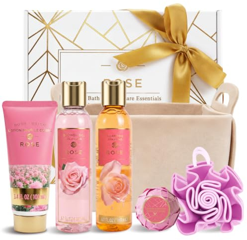 SPA LUXETIQUE Set regalo da bagno per donne, set per la cura dei sacchetti in feltro rosa con 6 pezzi in formato da viaggio, gel doccia, lozione per il corpo, bagno schiumoso, crema per le mani, borsa