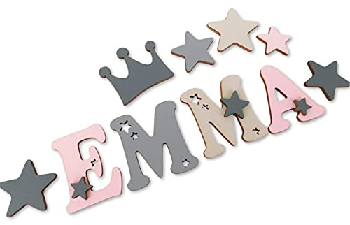 14cm Holzbuchstaben, Wandbuchstaben für Kinderzimmer Deko, Taufgeschenk, Geburtsgeschenk, Kinderzimmerdekoration personalisierbar, personalisierte Geschenke Baby inkl. 2 Sterne und Klebepads