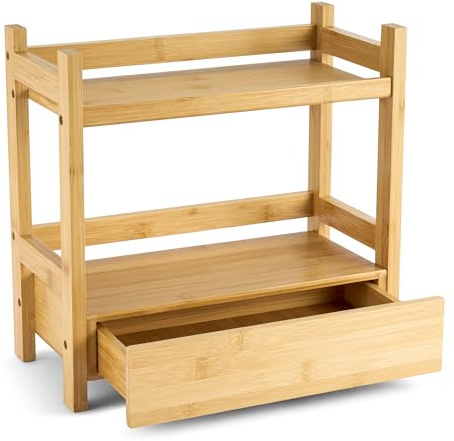 Sorbus Bamboo Bathroom Counter Organizer – 2-Tier Shelf with Hidden Drawer for Vanity, Matcha Station, Bathroom Sink Organizer Countertop, Kitchen & Office Storage (13″ L x 6.5″ W x 12.6″ H)