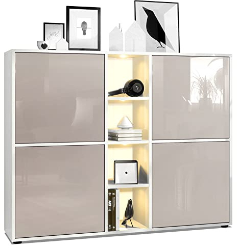 Vladon Highboard Cuba V3, Made in Germany, Weiß matt/Sandgrau Hochglanz inkl. LED - Moderne Anrichte mit 12 Fächern (130,5 x 105,5 x 35,5 cm)