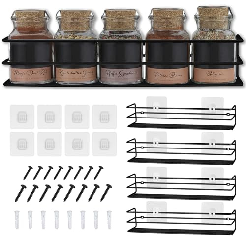 FineLane Gewürzregale aus Metall - 4 Stück - fixierbar ohne Bohren - Für Gewürze, als Schrankeinlage oder Organizer - Größe 32,2 x 6,5 x 7,4 cm (Matt Schwarz)