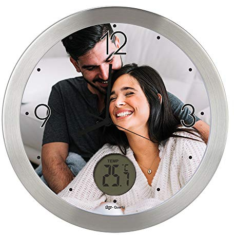 PROMO SHOP Gran Reloj de Pared Carcasa de Aluminio Cepillado Personalizado con Imagen o Logo (Esfera B) · Mecanismo Silencioso ?Sweep? · Reloj Cocina Pared con Termometro · Incluye Caja de Individual