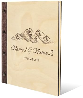 Stammbuch Birkensperrholz Holzcover Gravur individuell mit Echtleder Rücken und Extras A5 hoch 175x220mm - Berge