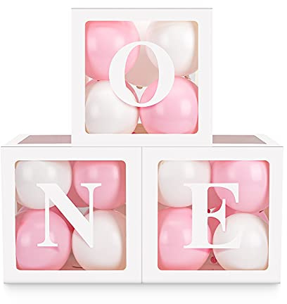 Baby Girl First Birthday Party Decorations 'ONE' Letters Individual Three White Transparent Square Boxes with 24 Balloons Decor for 1 Year Old Baby Birthday Party Decor Backdrop Favors