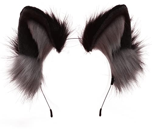 VIGVAN Handgemachte Wolf Fuchs Ohren Cosplay Kopf Zubehör Kawaii Haarband (Wolf Schwarz Grau)