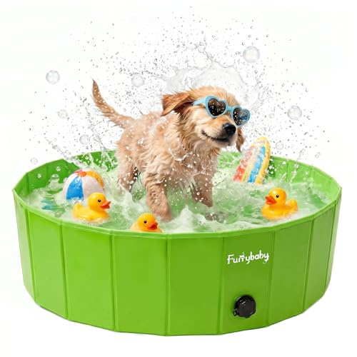 furrybaby Dog Paddling Pool for Small Dogs, Foldable Dog Pool, Puppy Pool for Gardens with PVC, Non-Slip Base & Drain Plug, Green, 80 x 20 cm, S
