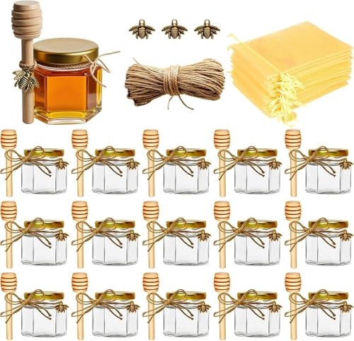 Ahhute Petits Pots, Mini pots à miel, Petites boites avec cuillères et petites abeilles, Confitures pot pour baptême, aux invités mariage, Petits cadeaux, Lot de 15 pots 60ml