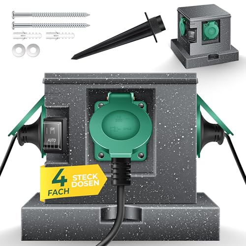 KESSER® Presa da giardino in pietra con 4 prese Incluso picchetto di terra, prese multiple all'esterno, Presa in pietra impermeabile con sensore ON/Auto, Antracite - Cubo