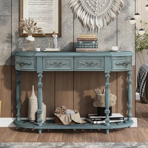Polibi Retro Curved Console Table with Open Style Shelf and 4 Top Drawers, 52 W Half Moon Entry Table with Solid Wooden Frame and Legs for Living Room, Entryway and Hallway, Antique Blue