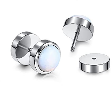 PiercingJak 10MM Ohrstecker Ohrringe mit Natürlich Opal Steine Barbell Stud Fake Cheater Illusion Tunnel Plug Ohrpiercing Punk Schmuck Unisex, Silber Edelstahl