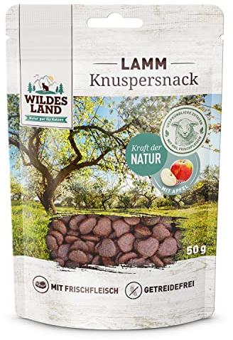 WILDES LAND – Knuspersnack Lamm mit Apfel | Katzensnack mit natürlichen Zutaten und extra hohem Fleischanteil für ausgewachsene Katzen. Getreidefreier Snack ohne Zusatzstoffe im Beutel | 7x50g