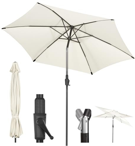 Sekey Ombrellone da 270 cm, con manovella e ribaltabile per auto, per terrazze, balcone e giardino, resistente al vento, stabile UPF 50+, grigio beige, rotondo