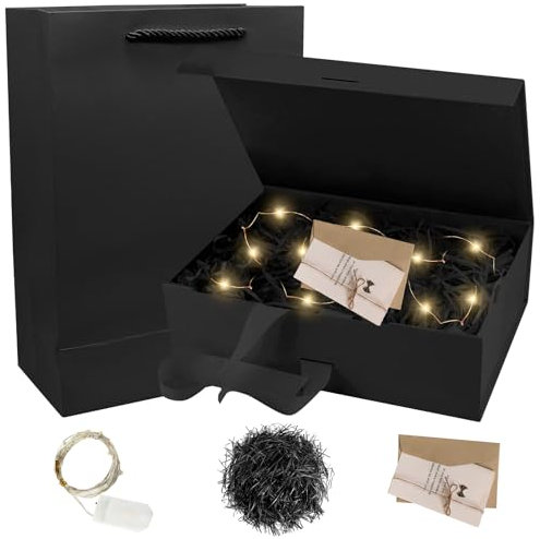 Geschenkbox 21 * 17 * 7cm, Geschenkbox mit Deckel, Geschenk Box mit Schleife+Karte+Tasche+Bast+Licht, Magnetische Geschenkboxen, Geschenkkarton, Geschenkverpackung für Hochzeit Weihnachten Geburtstag