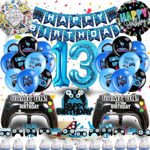 Betensh 13. Geburtstag Junge Videospiel Tortendeko, Luftballons Blau, Gamepad Ballons, Banner, 18 bedruckte Latexballons, 13. Geburtstag Junge Deko Set