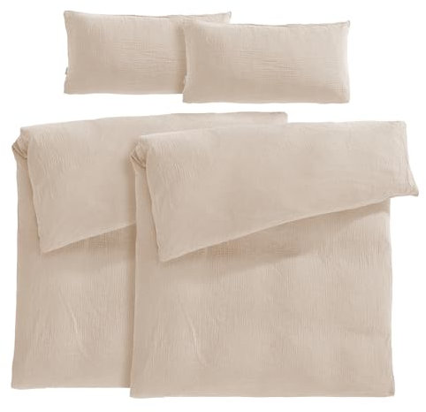 Pure Label Musselin Bettwäsche 135x200 4 teilig bestehend aus Bettbezug 135 x 200 cm 2er Set + Kissenbezug 40x80 cm 2er Set aus Baumwolle - Traumhaft kuschelige Bettwäsche-Sets in beige