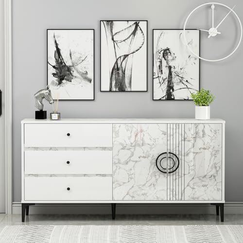 Homidea Zoe Console - Commode - Buffet - Meuble TV - Avec 2 portes et 3 tiroirs au design moderne - 150 x 78,6 x 40 cm (marbre blanc)