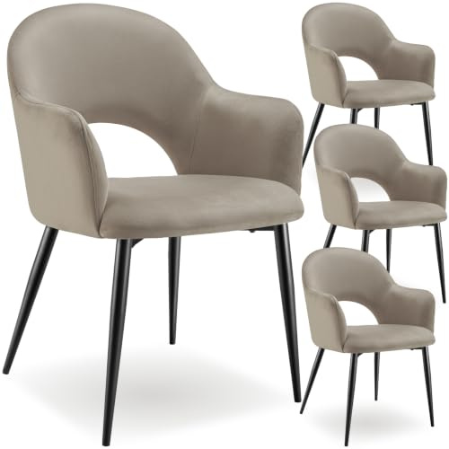 tectake® 4er Set Armlehnstuhl in Samtoptik, gepolsterte Esszimmerstühle, bis 120 kg belastbar, Stühle Esszimmer mit komfortabler Polsterung, Küchenstuhl, Esszimmerstuhl mit Stahlbeinen - Taupe