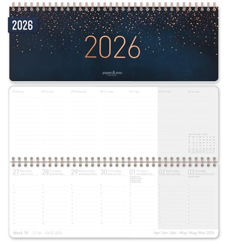 Häfft® Internationaler Tischkalender 2026 quer 'Starry Night' 1 Woche 2 Seiten, Wochenkalender 29,8 x 11,6 cm, mehrsprachiges Kalendarium - nachhaltig und klimafreundlich