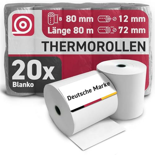 Gebongt24 Thermorollen 80 mm x 80 m x 12mm mit 48g/m² – hochwertige Bonrollen aus BPA-freiem Thermopapier – 20 Kassenrollen mit ⌀ 72 mm – passend für EPSON Drucker & Kassenbondrucker