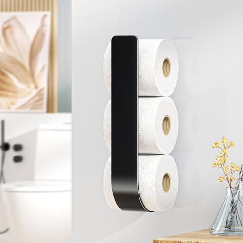 Toilet Roll Storage Wall Mounted Toilet Roll Holder for 3 Rolls, Adhesive Spare Loo Roll Storage Stand for Bathroom (Black)