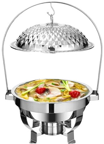 WUCIOA Hanging Lid Dining Stove, 4.5L 6L 8L Stainless Steel Round Food Warmers, Water Injection Insulation, Commercial Chafing Dish Buffet Set for Parties, Home and Restaurant(Silver,4.5L)