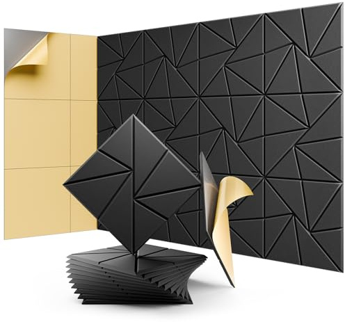 12 Pack Acoustic Panels, Sound Proof Foam Panels for Walls, Self-Adhesive High Density Soundproof Wall Panels, 12 X 12 X 0.4, Sound Absorbing Panels for Home, Studio, Office (Black)
