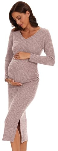 Lahilo Langärmeliges Umstandspulloverkleid für Herbst, Winter, Babyparty und Fotoshooting, Schwangerschaftskleider für Damen, rosa - Dusty pink, Groß