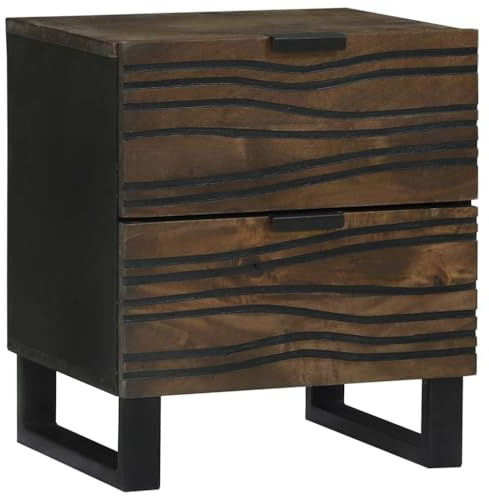 Mesita de noche de madera maciza de mango con 2 cajones, diseño rústico ondulado, mesa auxiliar para dormitorio, salón, habitación de invitados, color nogal, 40 W x 33D x 46 H cm