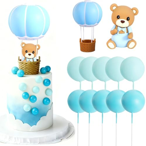 Bear Cake Toppers, Hot Air Balloon Bear Cake Fecoration 12-Piece Set with Blue Bear, Hot Air Balloon, Blue Balls for Birthday Party Decorations