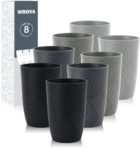 Wrova Unbreakable Cups Set of 8 Plastic Cups Reusable 350ML Plastic Glasses Microwave and Dishwasher Safe Tumbler Cup Lightweight Plastic Cup for Juice, Milk, Tea - Grey Stone
