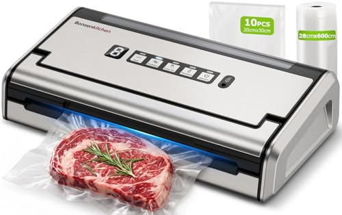 Bonsenkitchen Macchina Sottovuoto, Sigillatura Larga 5mm Antigoccia, Acciaio Inox, Una Mano & Pulse Secco/Umido, Macchina Sottovuoto ad Alte Prestazioni incl. 1 Rotolo & 10 Sacchetti, VS4200