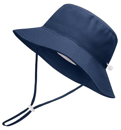 Xnova Bébé Enfant Chapeau de Soleil Réglable, Chapeaux de Seau Large Bord Unisex UPF 50+ Bucket Hat Bob Anti-UV Casquette pour Fille Garcon (Bleu, M(Circonférence Chapeau: 52-54 cm))