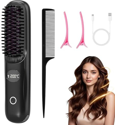 Kabellose Haarglätter Bürste, Tragbare Glättbürste Kabellos mit 3 Temperaturstufen, Haarglätter Bürste Kabellos, Haarbürste Elektrisch Styling Bürste für Langes Kurze Haare Damen Mädchen