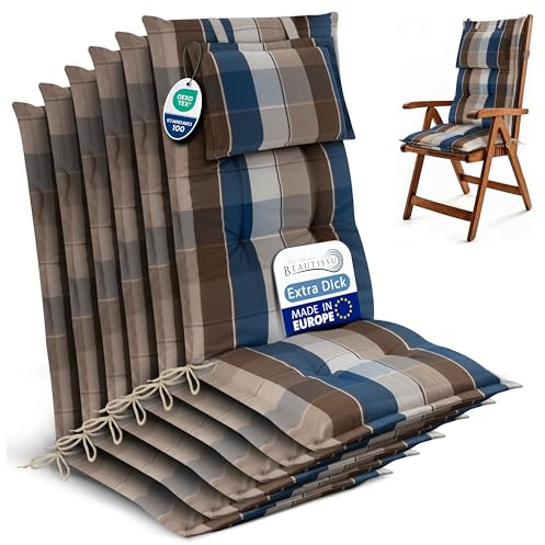 Beautissu 6er Set Gartenstuhlauflagen Hochlehner Sitzauflagen UV-Lichtecht | 120x50cm Braun Blau Kariert 7cm Polster Sitzpolster Gartenstuhl Gartenmöbel Auflagen Stuhlauflage Terrasse HighLux HL