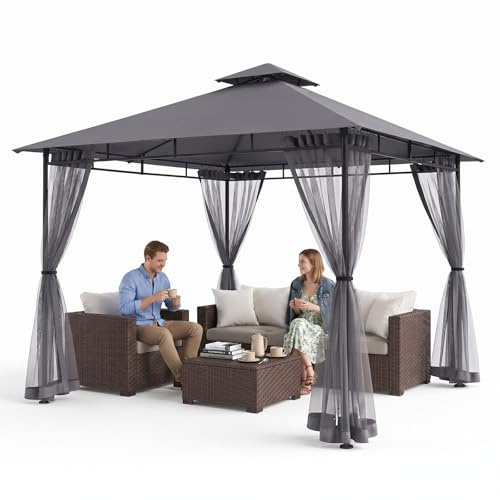 Sekey Pavillon 3x3 Wasserdicht Stabil Winterfest mit 4 Moskitonetz, Hinterhof-Gazebo für Garten Hof Terrasse, Partyzelt Gartenzelt fürFestival, Events, Partys, Picknick (Grau)