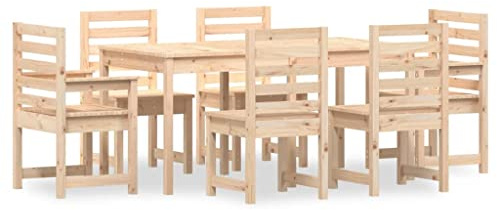 pokgdf Klassische Gartengarnitur aus Holz, 7-TLG. Garten-Essgruppe aus massivem Kiefernholz mit praktischen Gartentischen und Stühlen für Terrasse und Balkon