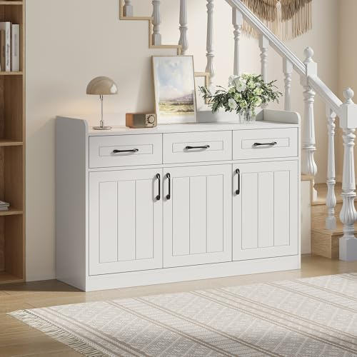 FammyLoft Sideboard mit 3 Schubladen, Kommode mit 3 Türen, Komodenschrank mit Verstellbaren Einlegeböden für Eingangsbereich/Wohnzimmer/Esszimmer, Sideboard Küche, Büroschrank, 120cm, Weiß